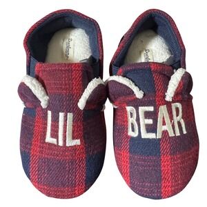 Dearfoams Kids LIL BEAR Plaid Flannel Cozy‎ Slippers Size 11-12 US